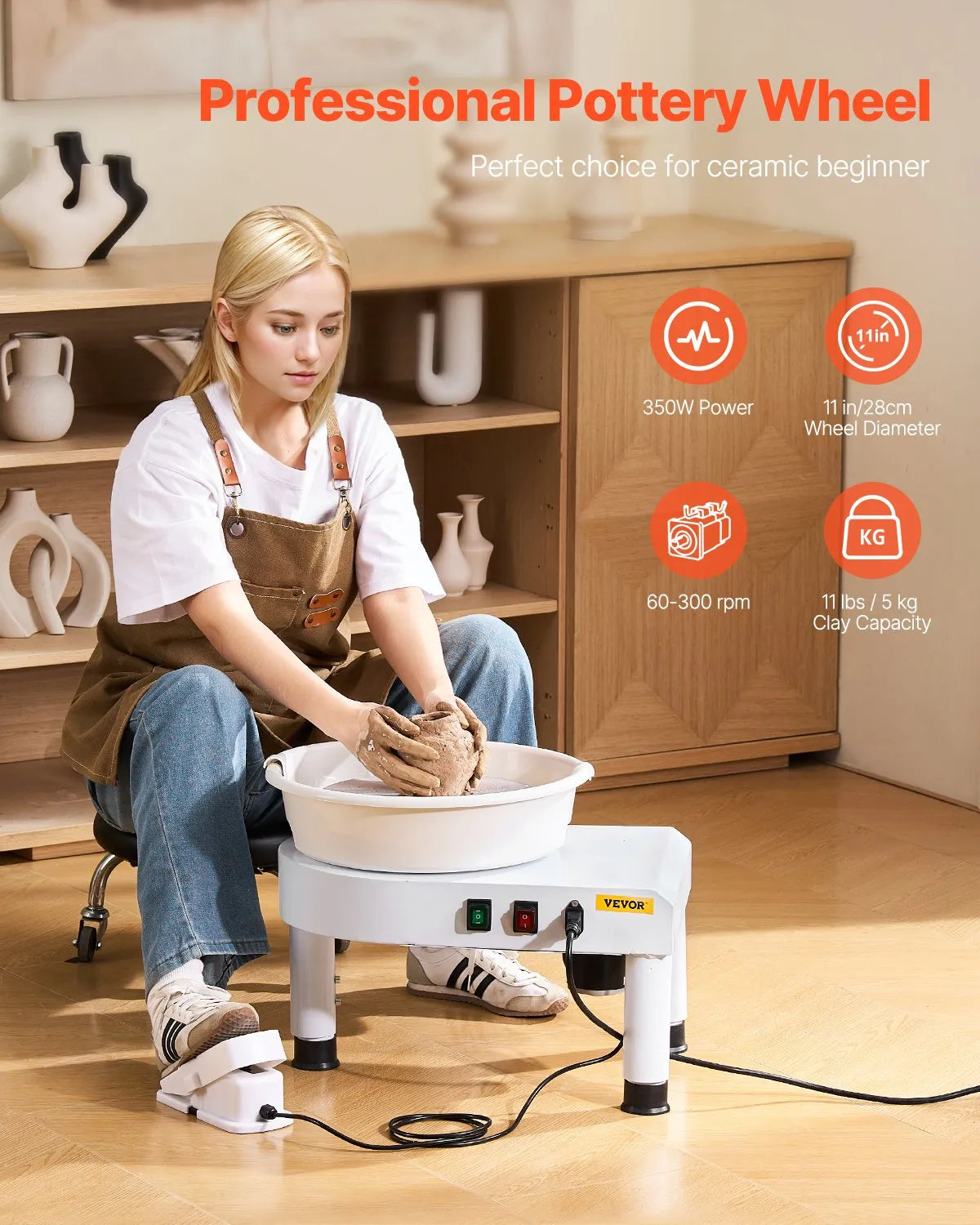 VEVOR Pottery Wheel, 28 cm Ceramic Wheel Forming Machine, 60-300 RPM Speed Adjustable Foot Pedal